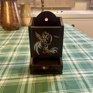 Vintage 1950'S Wooden Match Box Hanger Wall Display Handpainted Rooster Japan